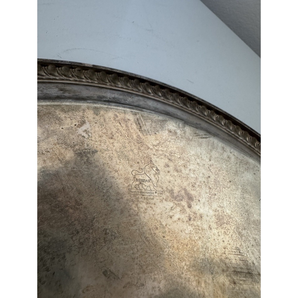 Vintage Sheridan Silver Plated 16" Round Serving Tray Platter Etched Rope Edge - Picture 8 of 10